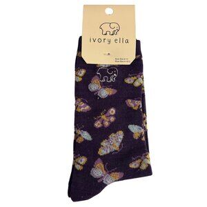 Ivory Ella Butterfly Print Deep Plum Womens Socks Size 9-11 Shoe Size 4-10.5